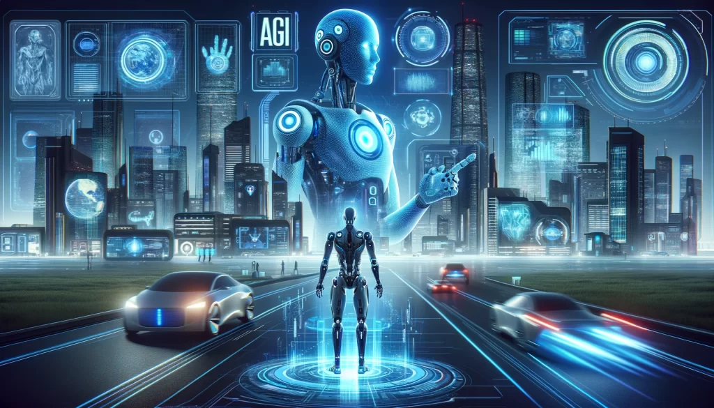 a robot on a road with cars and buildings