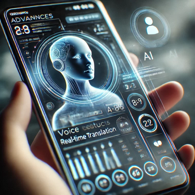 미래지향적인 스마트폰 이미지로, 음성 명령과 홀로그램 AI 비서 같은 기능이 강조된 AI 향상 인터페이스를 보여줍니다.