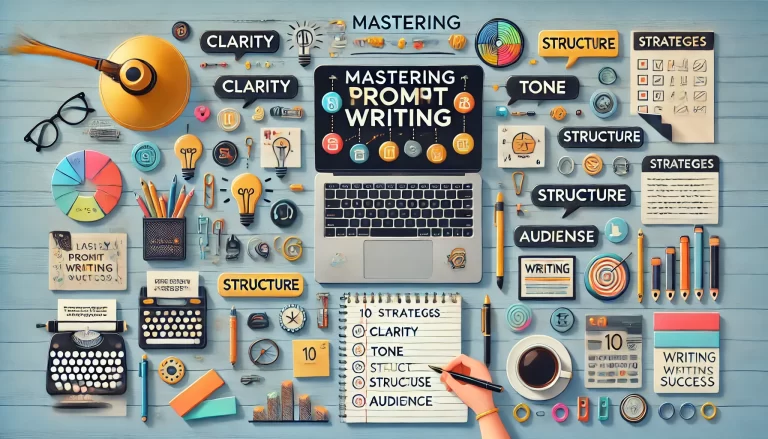 프롬프트 작성의 과정을 마스터하는 것을 나타내는 창의적이고 영감을 주는 이미지. 이미지가 창의적이고 체계적인 작업 공간을 담고 있으며, 효과적인 글쓰기를 위한 다양한 전략을 나타내는 요소들이 포함되어 있습니다.