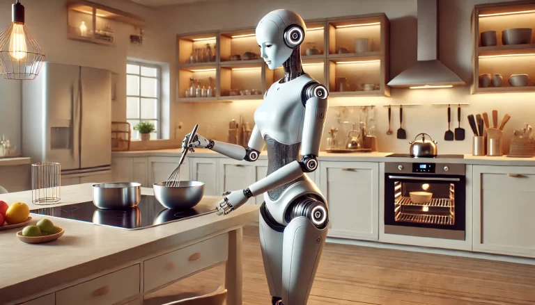 넓고 현대적인 주방에서 일하는 휴머노이드 로봇. 주방 전체가 보이며, 현대적인 디자인 요소들이 강조되어 따뜻하면서도 미래지향적인 분위기를 자아내고 있으며, 로봇은 요리 작업을 돕고 있습니다.