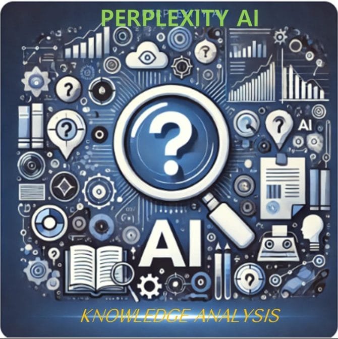 Perplexity AI를 나타내는 일러스트로, AI 기반의 질문 답변 및 연구에서의 역할을 강조합니다. 중앙에 있는 AI 인터페이스는 돋보기, 책, 물음표, 데이터 그래프와 같은 상징들로 둘러싸여 있으며, 이는 Perplexity AI가 검색하고 통찰력을 제공하는 능력을 반영합니다.