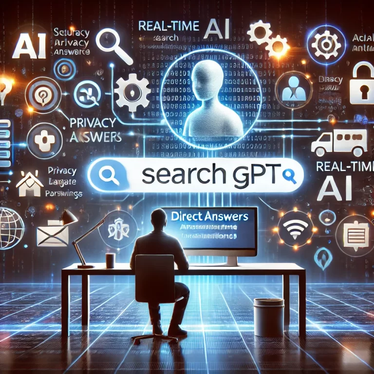 SearchGPT는 AI 기반 검색, 정확성, 개인정보 보호, 윤리적 고려 사항을 중요시합니다. 그림은 보안, 실시간 데이터, AI 응답의 투명성을 상징하는 요소들과 함께 채팅 기반의 검색 인터페이스와 상호작용하는 사용자의 모습을 보여줍니다