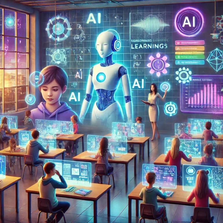 AI 활용 교실 풍경. 학생들과 상호 작용하는 로봇과 AI 도구들