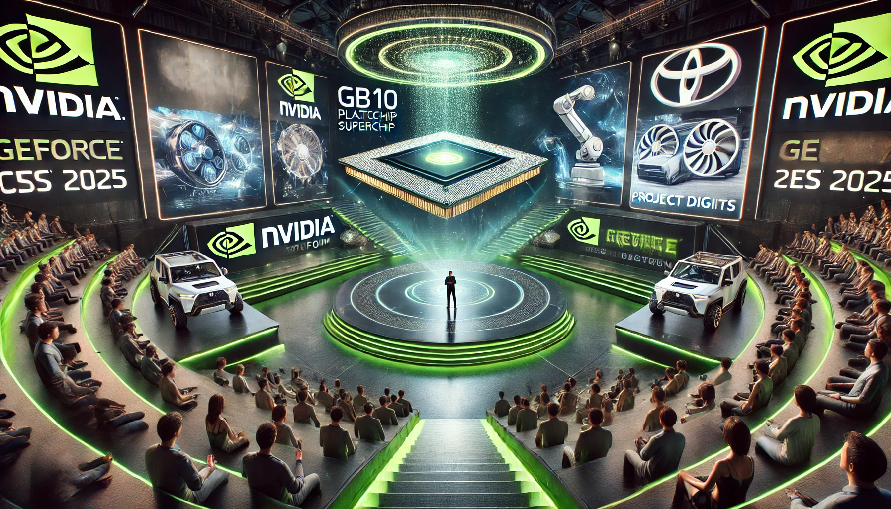 2025년 1월 8일, CES 2025 무대에서 NVIDIA의 CEO 젠슨 황이 기조 연설을 진행하는 모습