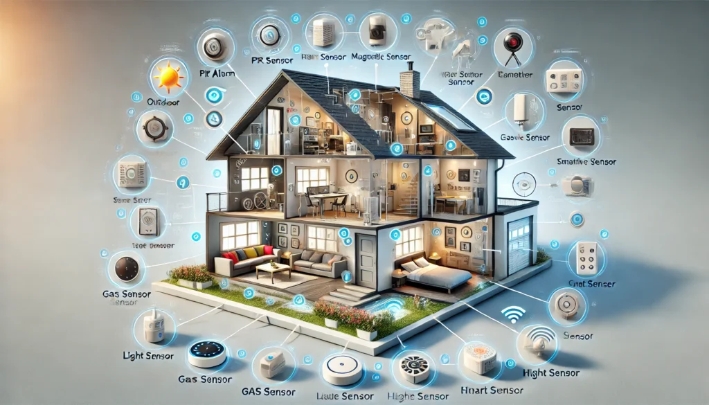 AI 에이전트가 관리하는 첨단 스마트 홈 시스템. IOT 센서로 상호연결된 미래형 주택