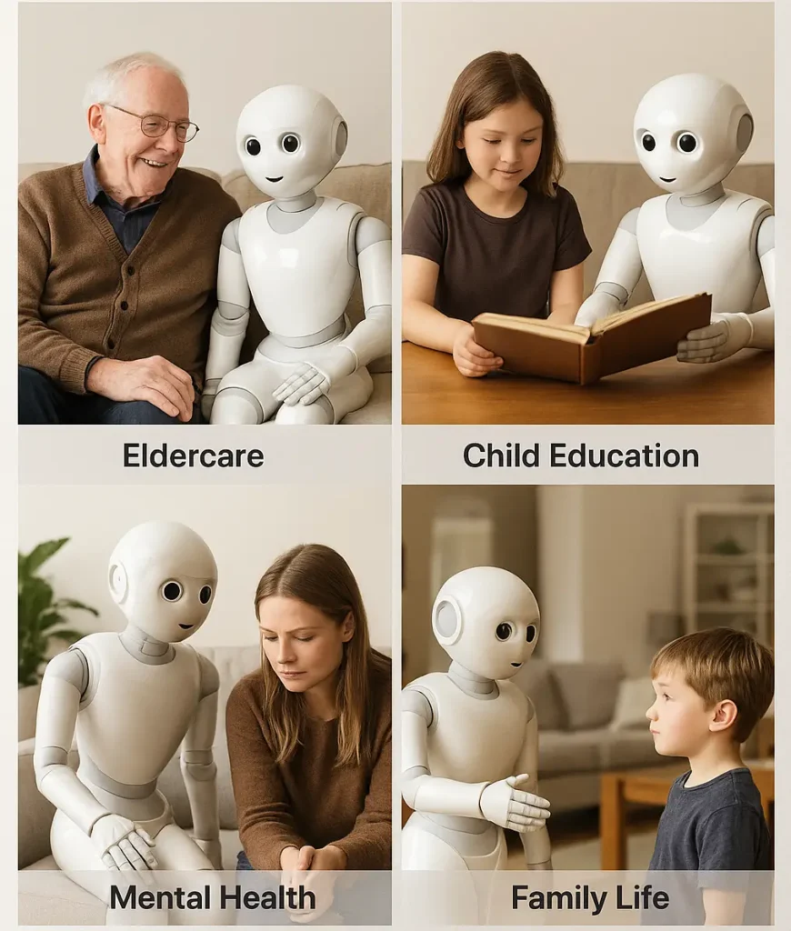 Real-world applications of emotionally intelligent humanoid robots across four domains: eldercare, child education, mental health support, and everyday family life