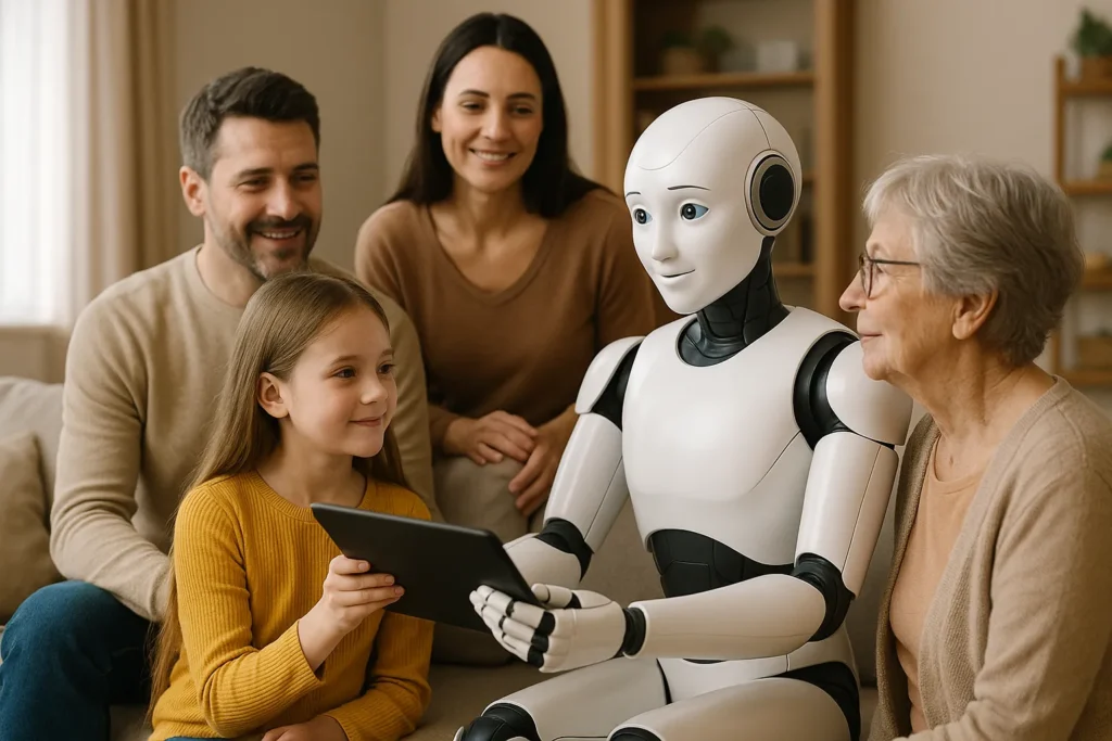 An emotionally intelligent humanoid robot engages with three generations of a family