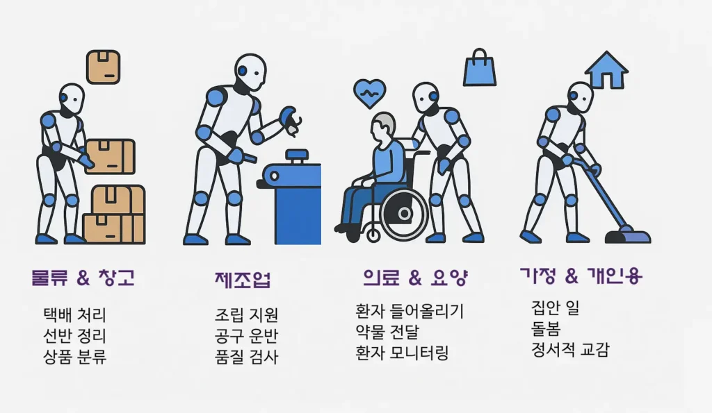 AI 휴머노이드는 다양한 산업 현장에서 실제로 테스트되거나 도입되고 있다