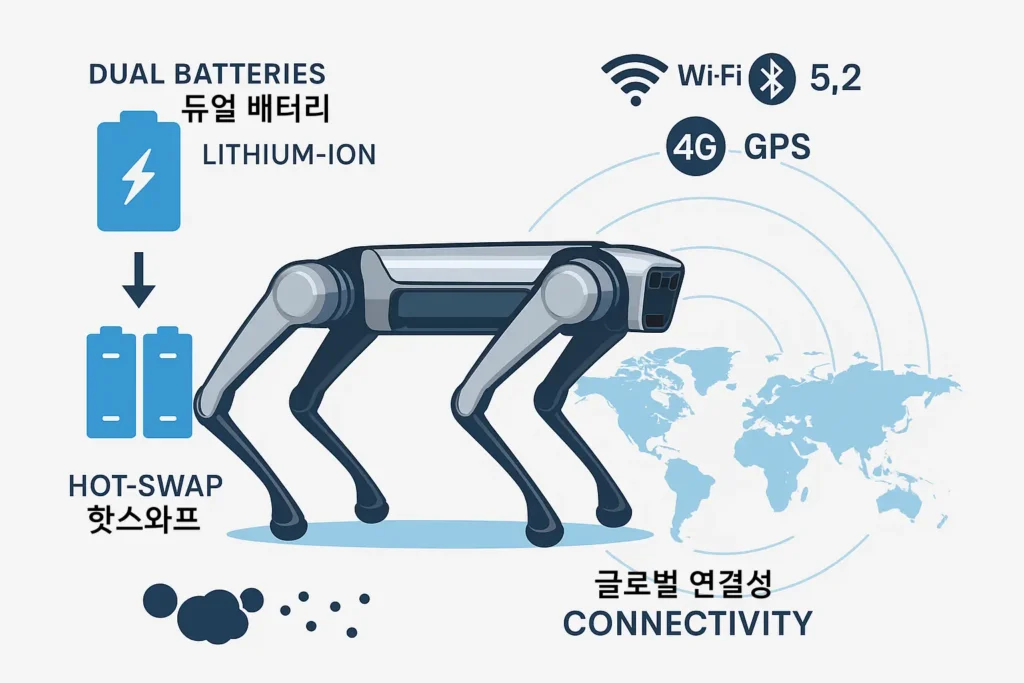 유니트리 A2의 듀얼 리튬이온 배터리와 핫스와프 기능, 그리고 Wi-Fi 6·블루투스 5.2·4G·GPS를 통한 글로벌 연결성으로 원격 제어와 위치 추적이 가능하다