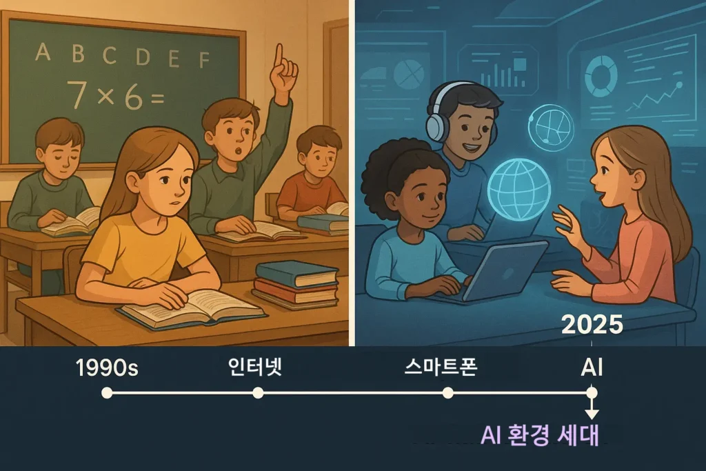 칠판에서 홀로그램까지 -1990년대 교실에서 2025년 AI 기반 학습 환경으로의 변화, 그리고 AI 네이티브 세대의 등장을 보여주는 시각적 여정