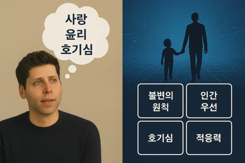 샘 올트먼의 핵심 양육 가치 — 사랑, 윤리, 호기심 — 그리고 AI 시대를 살아갈 아이들에게 필요한 불변의 원칙, 인간 우선, 호기심, 적응력.