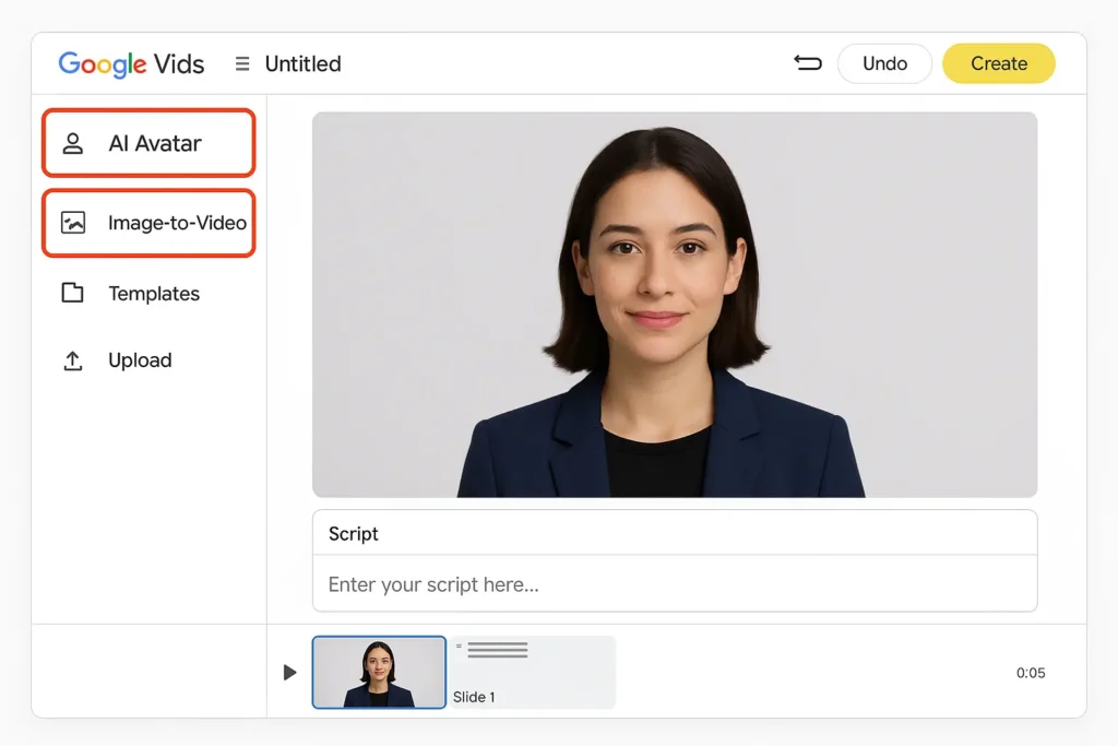 Mockup of the Google Vids interface featuring “AI Avatar” and “Image-to-Video” options highlighted, showcasing how Google Vids AI Video Creation empowers users to produce professional videos directly from scripts or images.