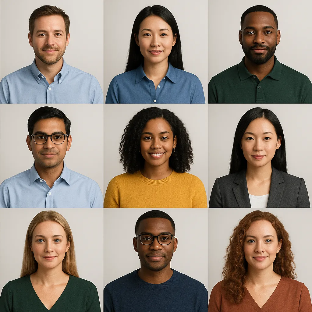 Collage of 12 diverse AI avatars in Google Vids AI Video Creation.