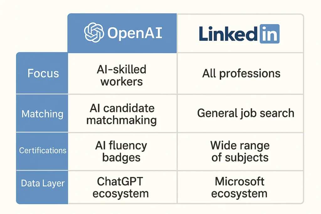 Side-by-side comparison of LinkedIn and OpenAI’s certifications platform