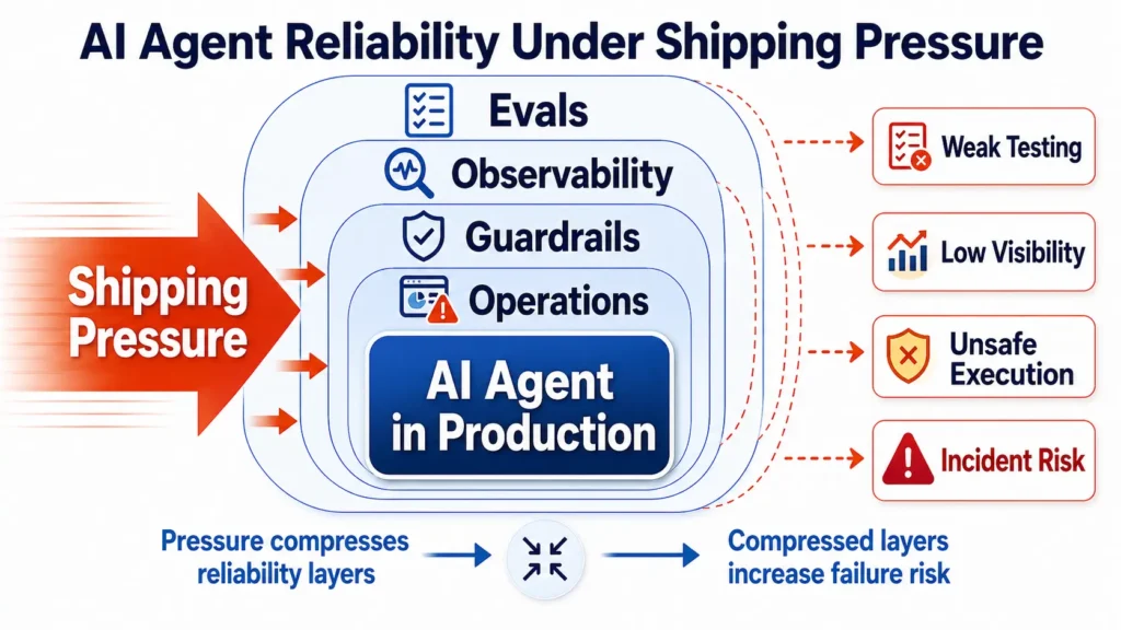 Figure 1. AI agent reliability weakens when shipping pressure compresses the layers needed for dependable production.
