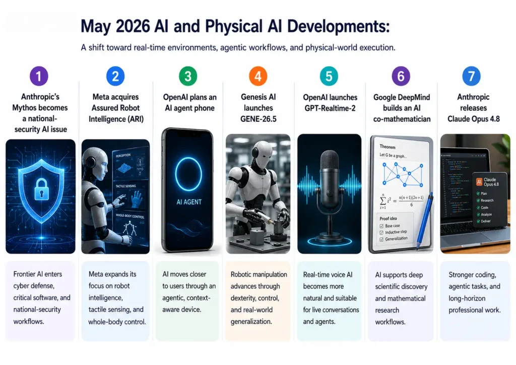 Figure 1. May 2026 AI and Physical AI developments show a shift toward real-time environments, agentic workflows, and physical-world execution.