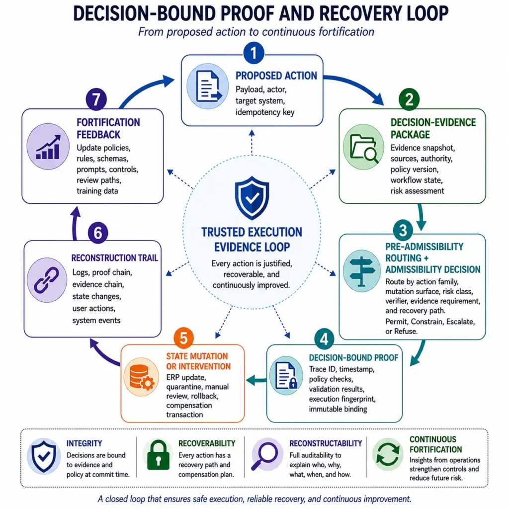 Figure 3. ERP-Agent Bridge decision-bound proof connects admissibility, execution, recovery, reconstruction, and continuous fortification after an AI-generated action is evaluated.